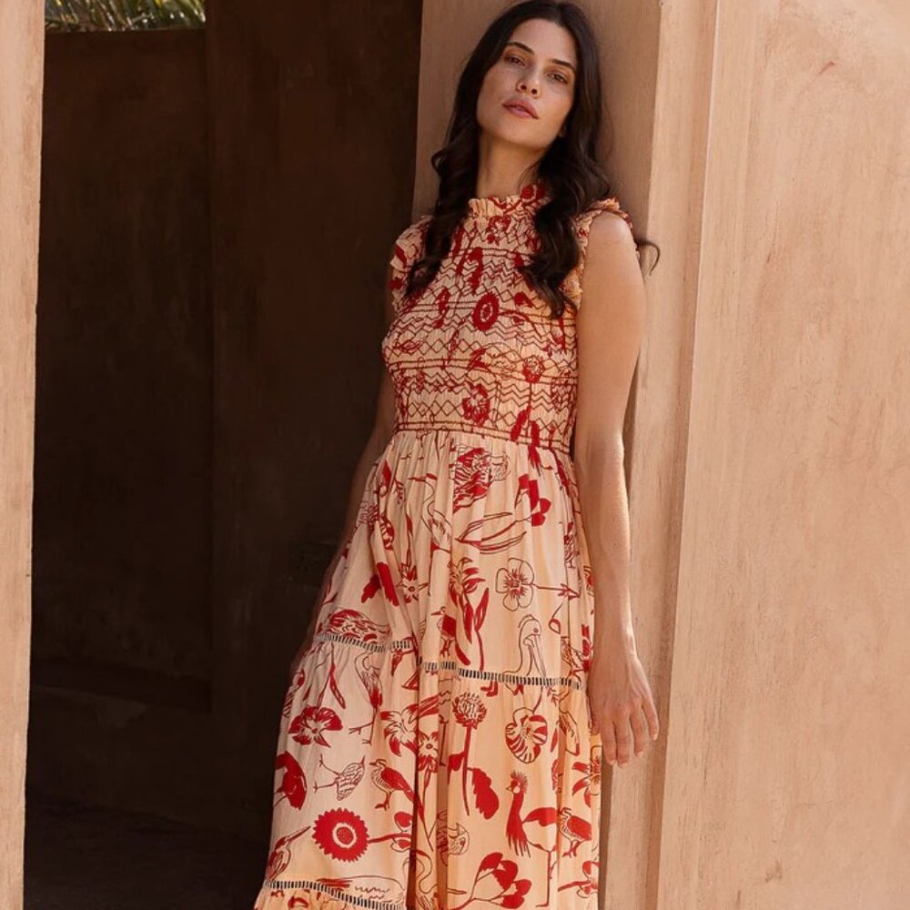 $398 NWT Oliphant Sleeveless Smocked Maxi Audubon Red Extra SMALL